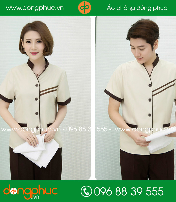 Đồng phục vệ sinh màu hồng nhạt sọc nâu